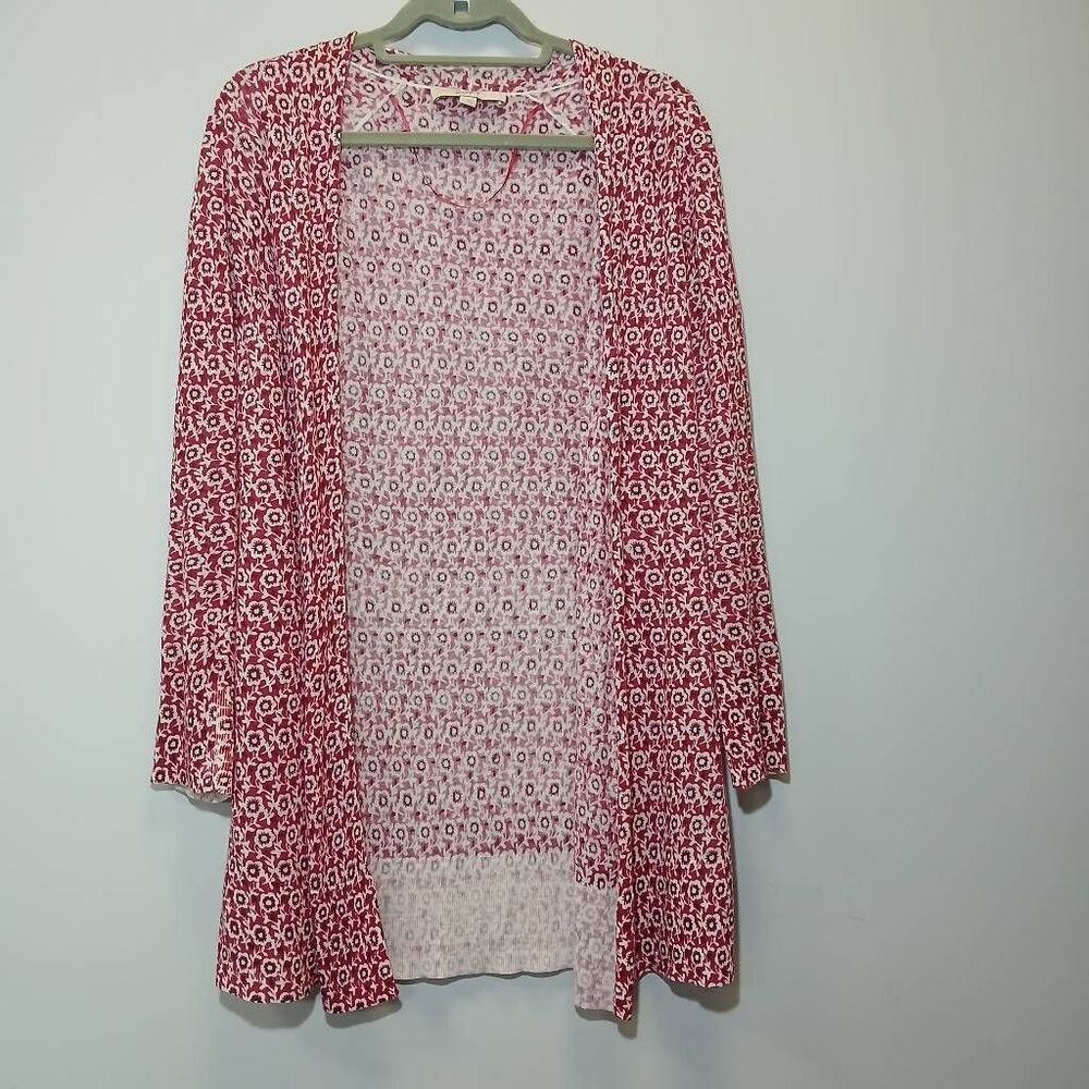 Ann Taylor womens large thin lightweight cardigan floral burgundy spring summer